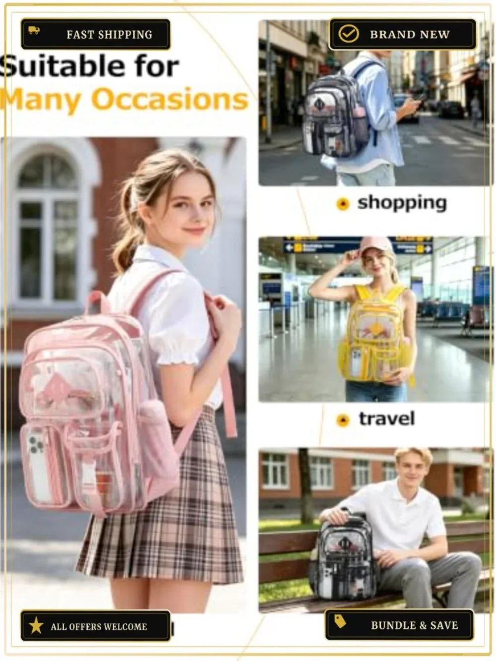 Heavy Duty Transparent PVC Clear Backpack Large See Through Bookbag for School
